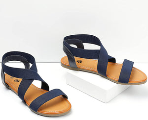 Cross Strap Navy Non Slip Flat Elastic Sandals