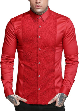 Men's Lace Wine Red Long Sleeve Tuxedo Dress Shirt