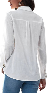 Casual Long Sleeve Button Down V Neck Blouse