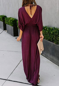 Bohemian Red Wine Kimono Sleeve Maxi Dress