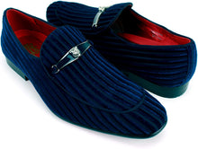Load image into Gallery viewer, Metal Lion Ornament Navy Velvet Embossed Striped Loafers