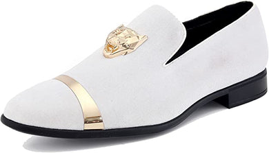 Men's White Gold Tiger Head High Quality Velvet Loafer Dress Shoes