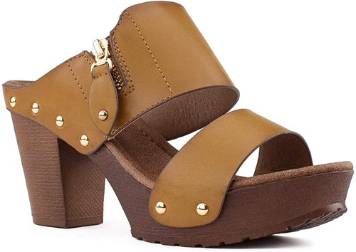 Slip On Tan PU Chunky Heel Peep Toe Mule Sandals