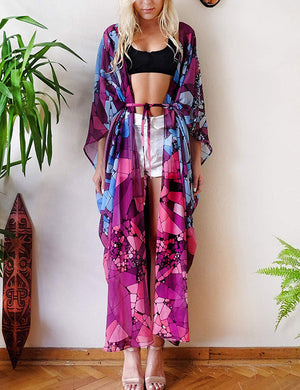 Open Front Pink Rose Kimono Cardigans Swimsuit Cover Up