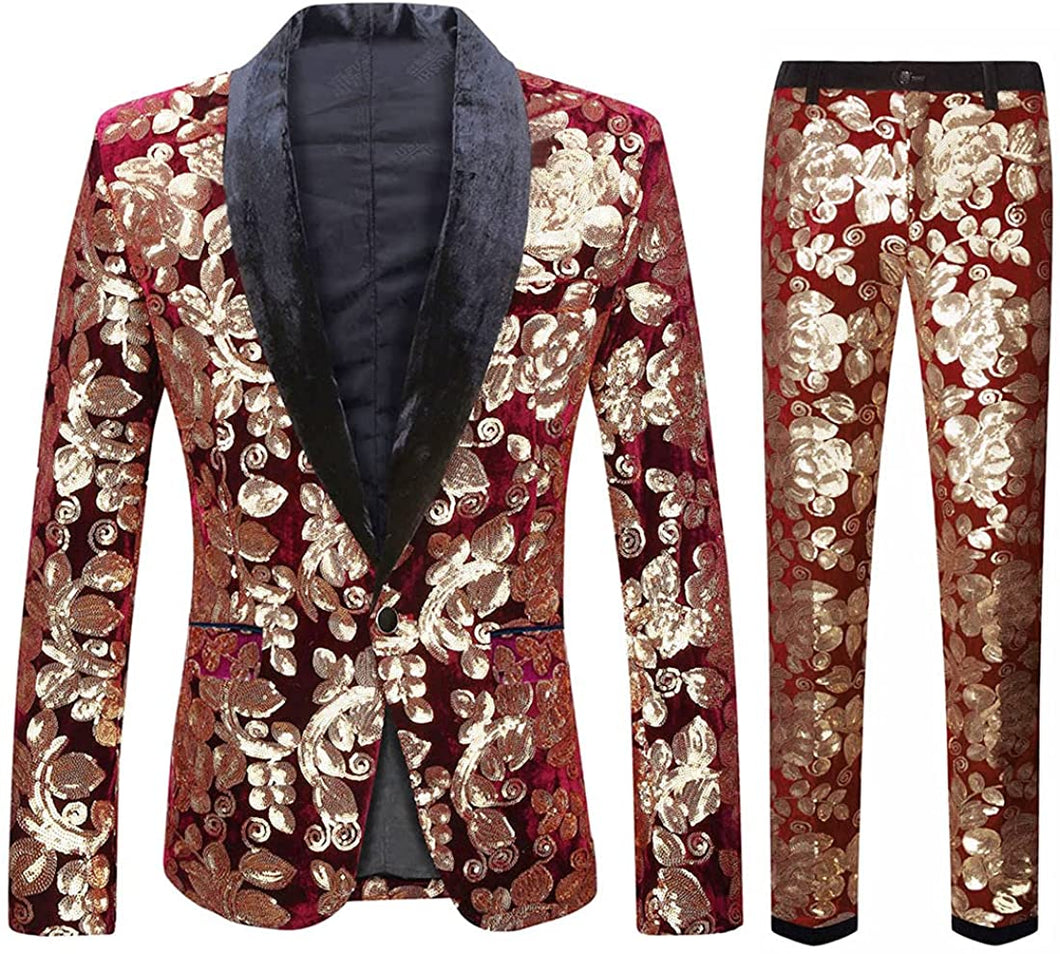 Fashionable Golden Wine Red Floral Pattern Sequins 2pc Men's Suit