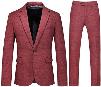 Men's Red Plaid Tweed Slim Fit One Button Suit