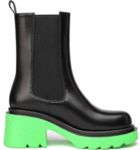 Platform Black/Green Calf Chunky Block Heel Chelsea Boots