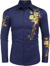 Load image into Gallery viewer, Men&#39;s Blue Rose Print Button Down Long Sleeve Shirt