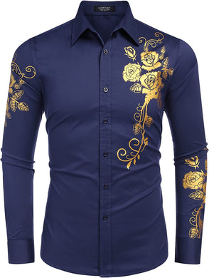 Men's Blue Rose Print Button Down Long Sleeve Shirt