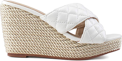 Quilted White Open Toe Wedge Sandals