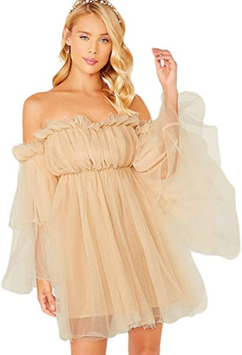 Romantic Chiffon Beige Off Shoulder Tulle Dress