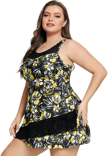 Mesh Spliced Asymmetric Yellow Floral Plus Size Swimsuit