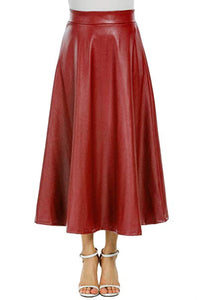 Vegan Leather Burgundy Red High Waist A Line Midi Skirt