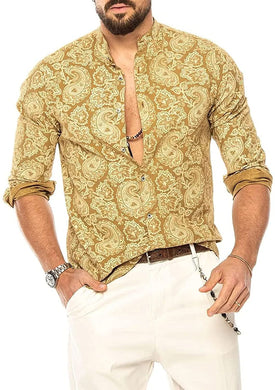 Men's Gold Printed Shirt Long Sleeve Floral Paisley Shirt