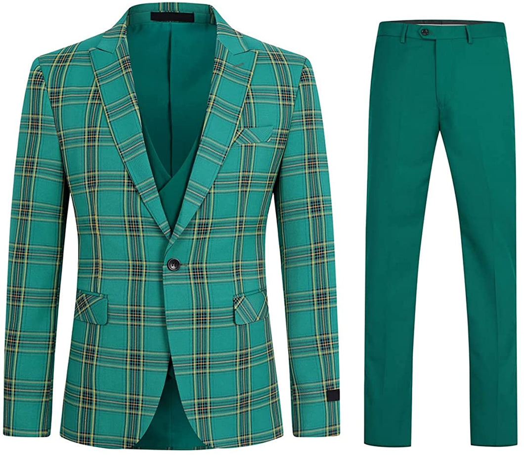 Modern Light Green Plaid 3pc Tuxedo Men's Suit