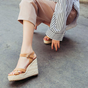 Wedge Ankle Strap Khaki Open Toe Platform Sandals