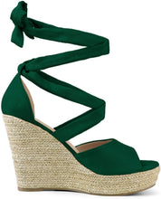 Load image into Gallery viewer, Women&#39;s Green Lace Up Espadrilles Wedge Sandals