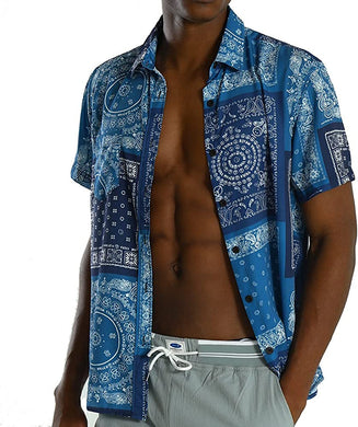 Men's Big & Tall Blue Bandana Print Short Sleeve Shirt
