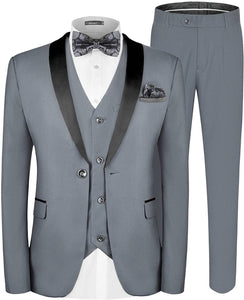 One Button Light Grey Solid Shawl Lapel 3 Piece Suit