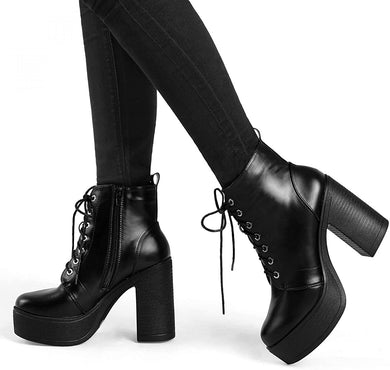 Lace Up Black Platform Chunky High Heel Women's Combat Boots