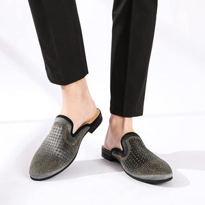 Men's Velvet Leather Gray Studded Slip On Dress Shoes