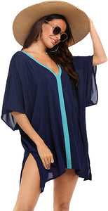 Navy Blue Kimono Sleeve Chiffon Swimwear Cover Up/Cardigan