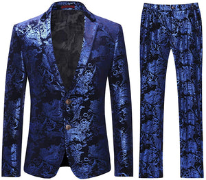 Single-Breasted Hot Stamping Blue Floral Dress Suit