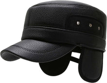 Load image into Gallery viewer, Men&#39;s Black Leather Military Cadet Peaked Cap with Earflap