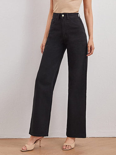 High Waist Wide Leg Denim Long Pants with Pockets