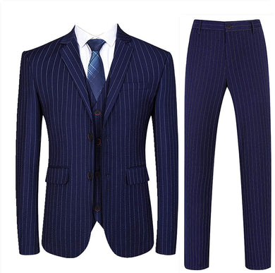 Men's Navy Blue Striped 3pc Long Sleeve Blazer & Pants Dress Suit
