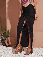 Load image into Gallery viewer, Split Side Black Ruched Drawstring Plain High Waist Maxi Skirt
