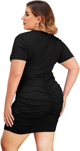 Ruched Ribbed Black Short Sleeve Plus Size Mini Dress