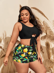 Lemon Print Black High Waisted Crop Top Plus Size Swimsuit