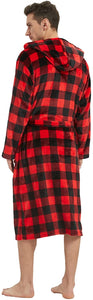 Men's Plaid Red Shawl Collar Fleece Hooded Long Sleeve Robe