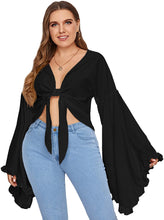 Load image into Gallery viewer, Plus Size Ruffle Long Sleeve Deep V Neck Tie Front Crop Top