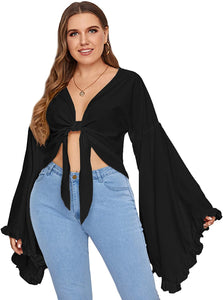 Plus Size Ruffle Long Sleeve Deep V Neck Tie Front Crop Top