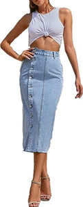 Plus Size Maori Dark Blue High Waisted Solid Button Up Denim Jean Skirt