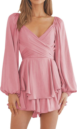 Wrapped  Off Shoulder Pink Long Sleeve Flowy Jumpsuit