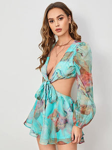 Annabelle Turquoise Chiffon Cut Out Shorts Romper