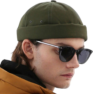 Men's Army Green Brimless Leather Strap Beanie Cap