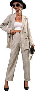 Beautiful Khaki 2pc Plaid Long Sleeve Blazer and Pants Set