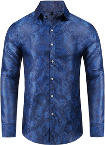 Paisley Cotton Jacquard Navy Blue Long Sleeve Casual Men's Shirt