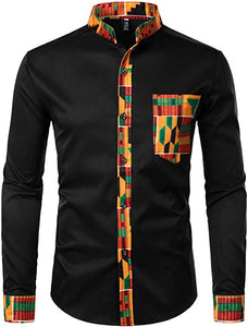 Men's Yellow Kente Tribal Embroidered Long Sleeve Button Down Shirt