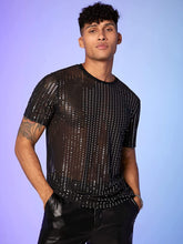 Load image into Gallery viewer, Streetwear Black Rhinestone Mesh Short Sleeve Men&#39;s Shirt