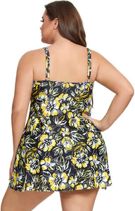 Mesh Spliced Asymmetric Yellow Floral Plus Size Swimsuit