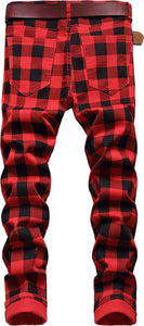 Men's Casual Red Plaid Stylish Denim Pants