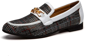 Gold Chain White Checkered Faux Leather Men's Noble Loafer