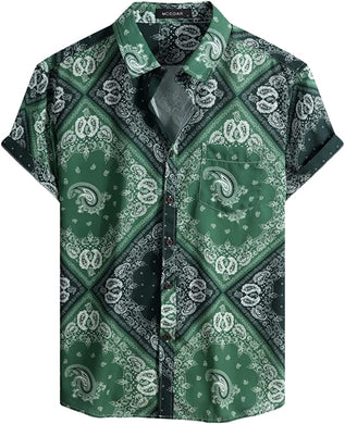 Men's Green Bandanna Print Summer Style Short Sleeve Shirt