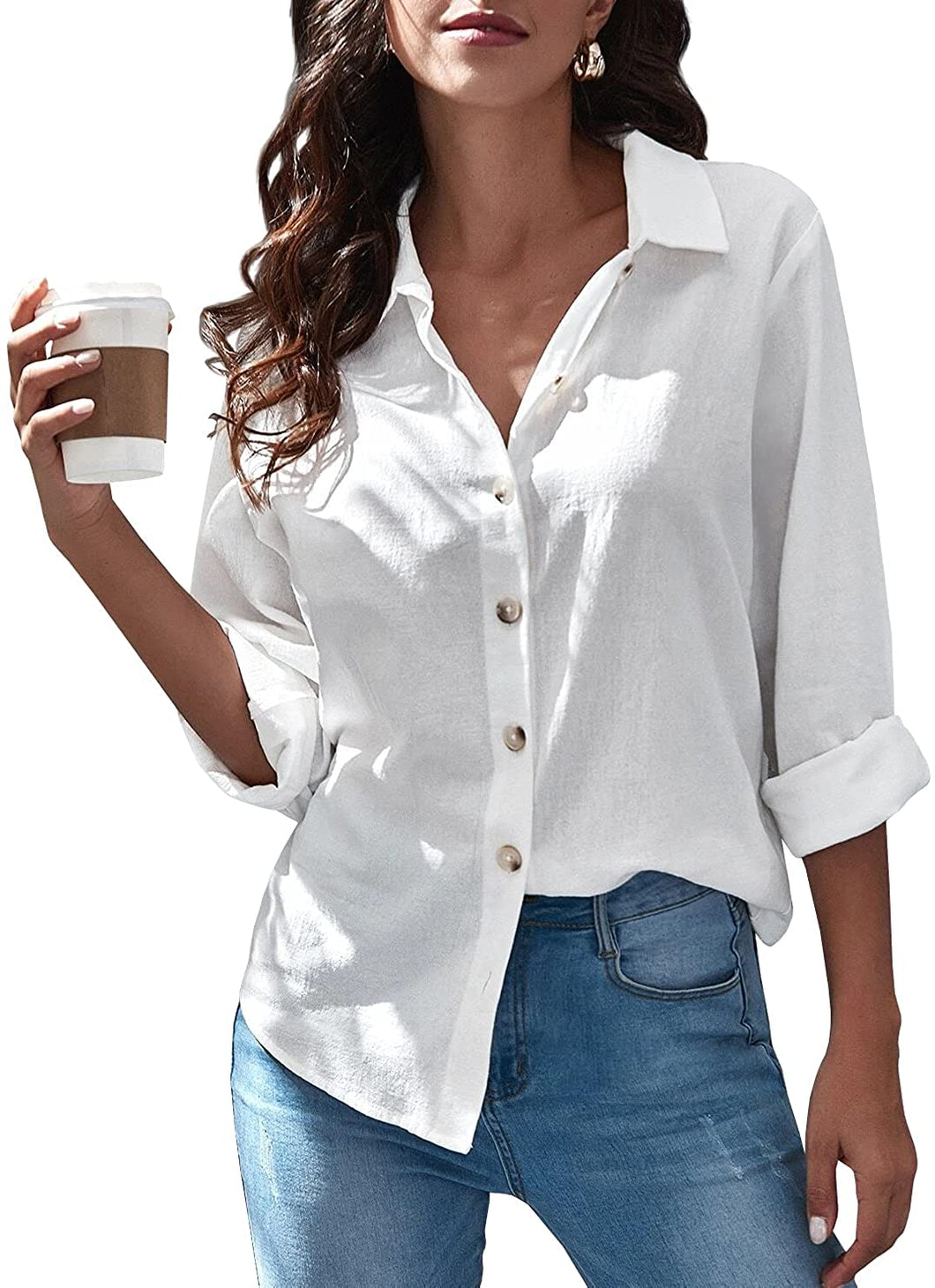 Casual Long Sleeve Button Down V Neck Blouse