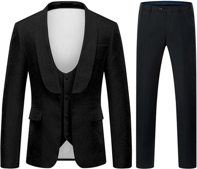 Shawl Collar Black 3 Piece Jacquard Tuxedo Men's Suit